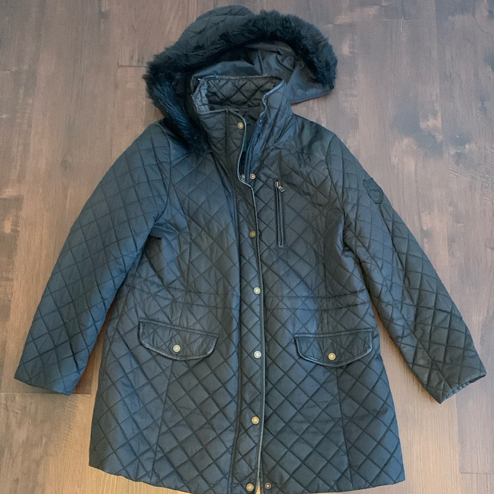 LAUREN RALPH LAUREN QUILTED COAT REMOVABLE HOOD FUR TRIMMED
